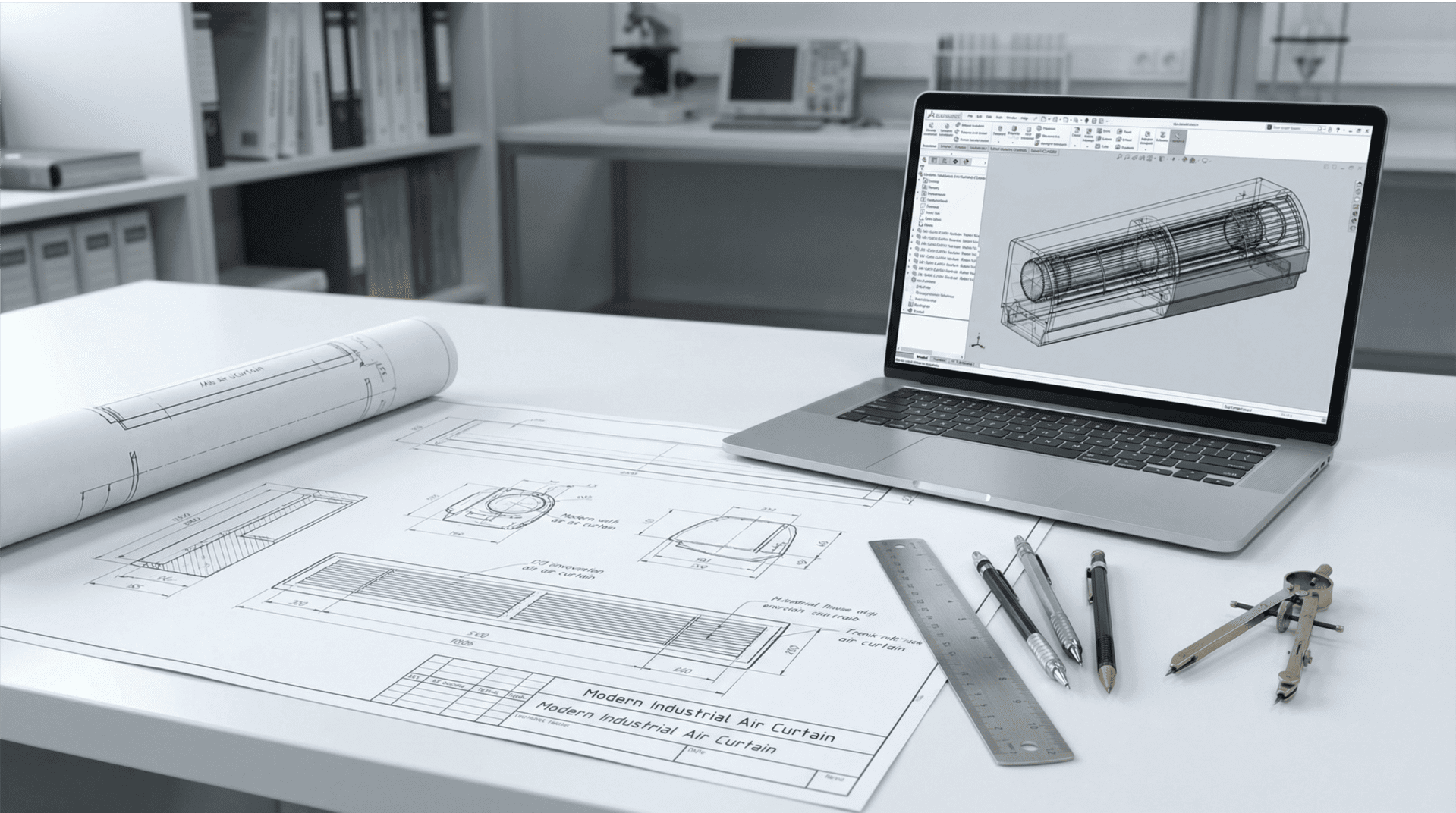3D-Rendering eines Ingenieursarbeitsplatzes